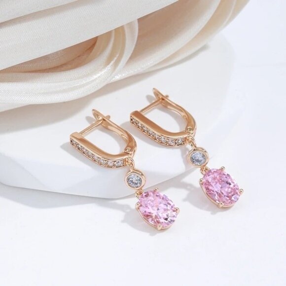 Rose Gold Plated Pink Zirconia Dangle Earrings - Picture 4 of 8